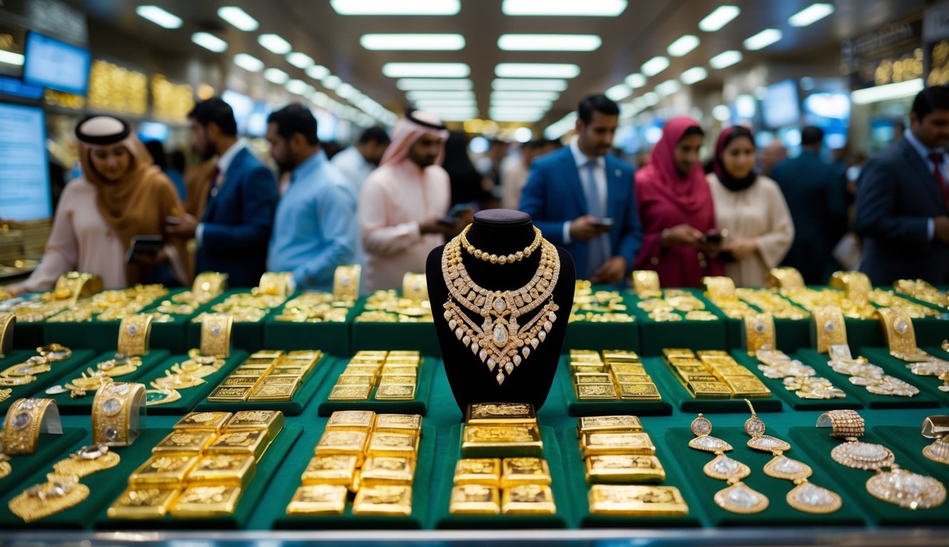 A bustling Dubai gold market with gleaming jewelry and intricate gold bars on display, surrounded by eager investors and traders