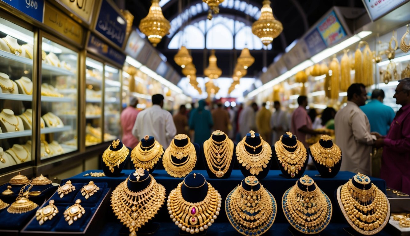 A bustling Dubai market with a prominent gold shop, showcasing various gold jewelry and ornaments