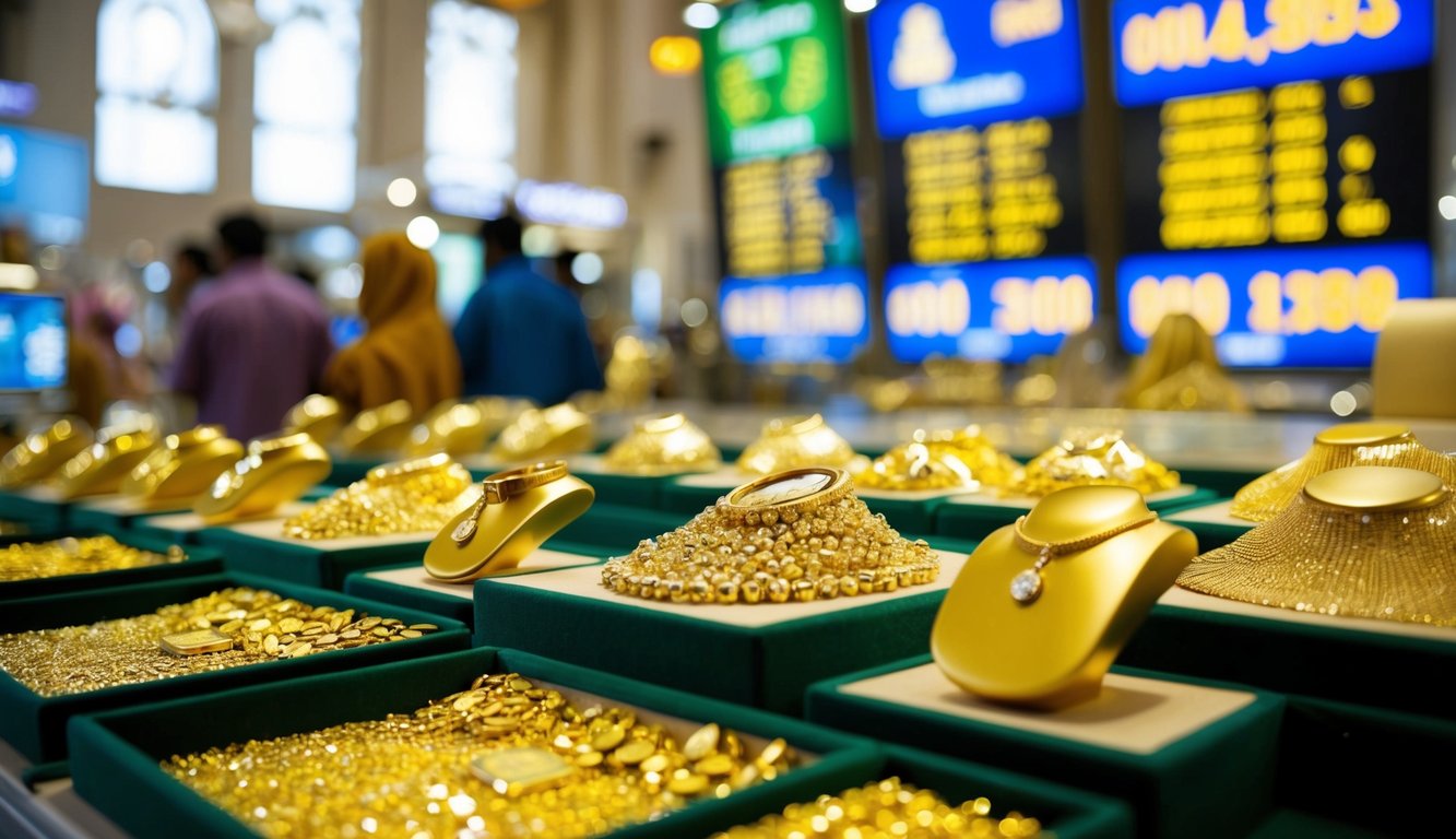 A bustling Dubai gold market with gleaming jewelry displays and fluctuating digital screens showing current gold rates