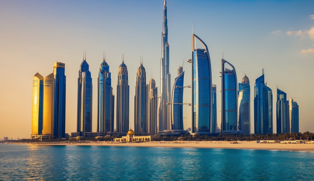 A majestic view of the Dubai skyline with a prominent gold market in the foreground, showcasing the bustling trade and investment activity around gold