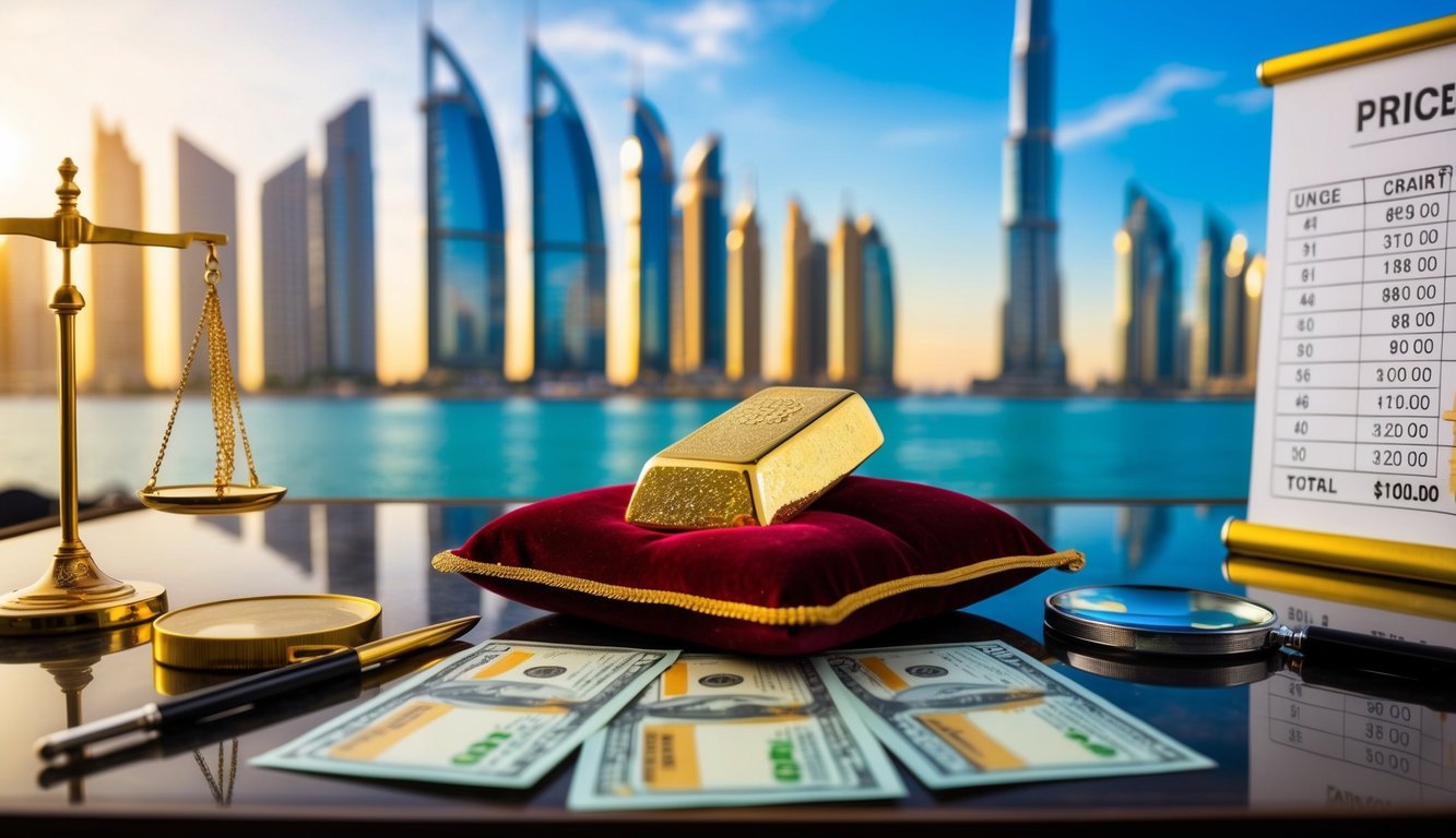 A sparkling gold bar rests on a velvet cushion, surrounded by scales, a magnifying glass, and a price chart. The Dubai skyline looms in the background