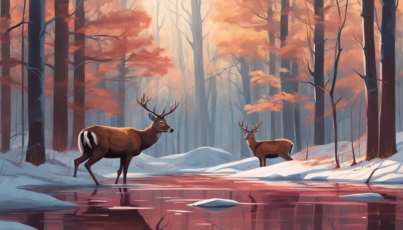 A deer's body lies still in a clearing, blood pooling around the entry wound. Trees reflect in the crimson puddle, capturing the emotional aftermath of the shot