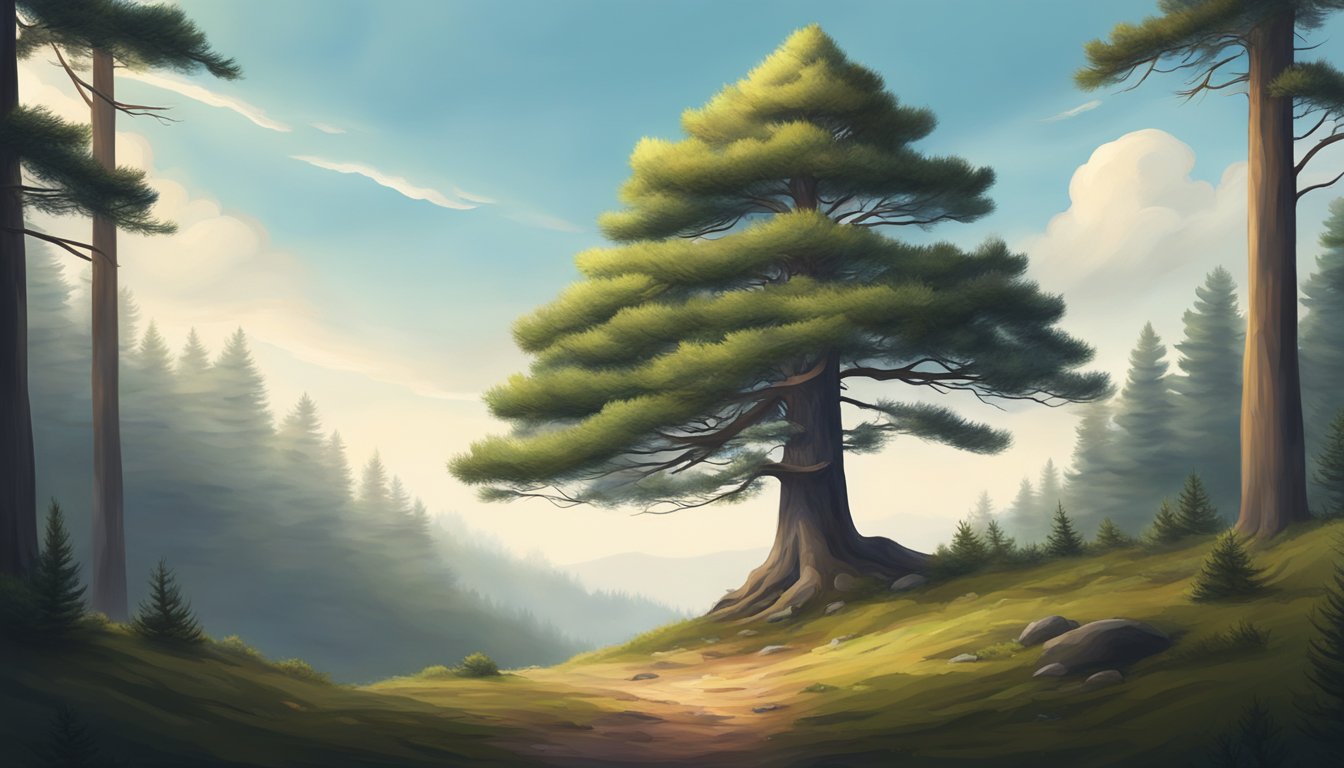 A solitary pine tree stands tall in a quiet forest, surrounded by the peaceful stillness of nature