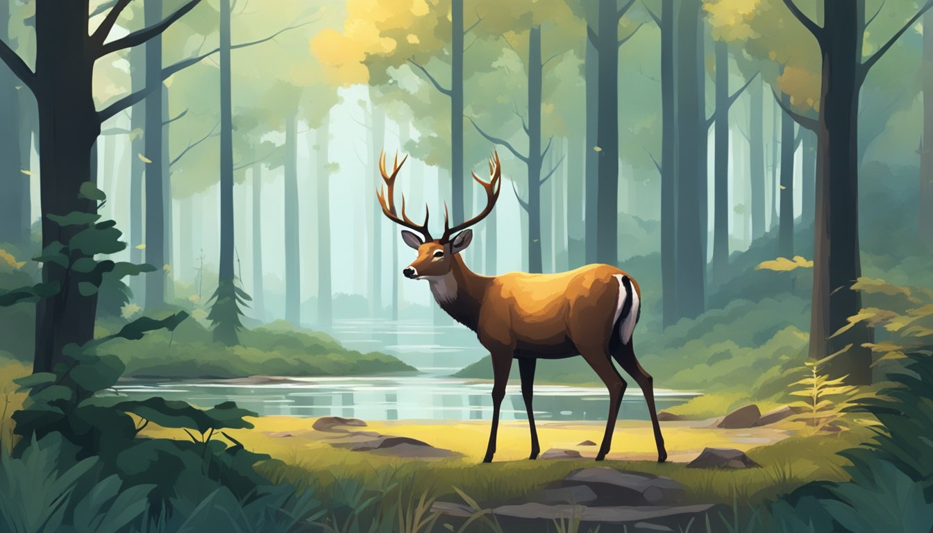 A deer stands in a forest clearing, a small pool of blood on the ground. Trees and foliage surround the area, creating a sense of isolation and reflection