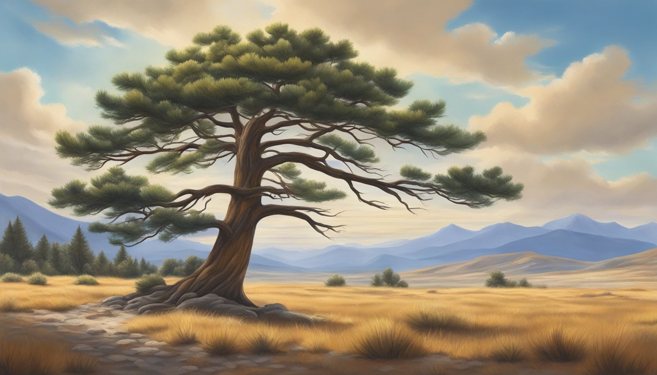 A lone pine tree stands tall in a vast wilderness, its branches reaching out towards the open sky. Surrounding it, a peaceful and serene landscape invites self-reflection and introspection