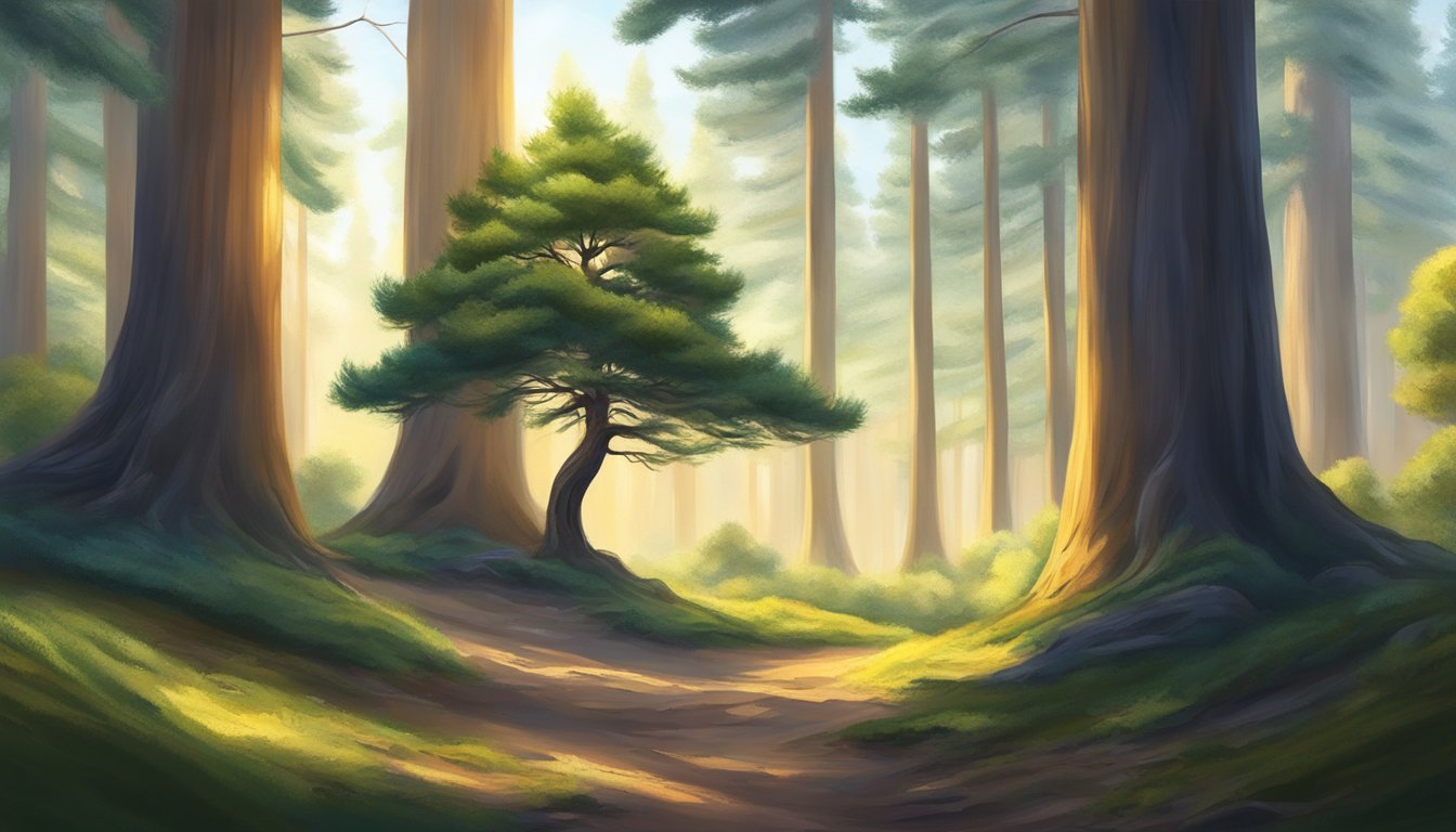 A lone pine tree stands tall in a peaceful forest, surrounded by vibrant greenery and dappled sunlight, symbolizing solitude and self-discovery