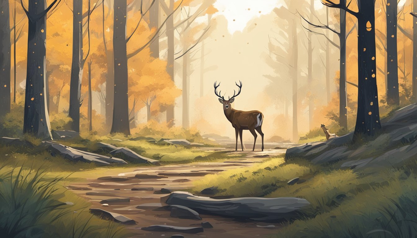 A deer stands in a forest clearing, blood droplets leading into the distance. The hunter's bow and arrow lie on the ground, while the deer's tracks show its path