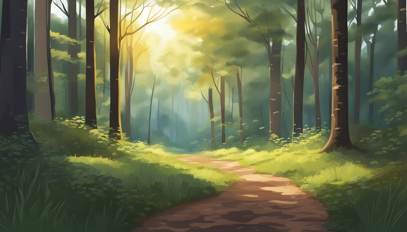 A serene forest clearing with a blood trail leading into the distance, surrounded by trees and dappled sunlight