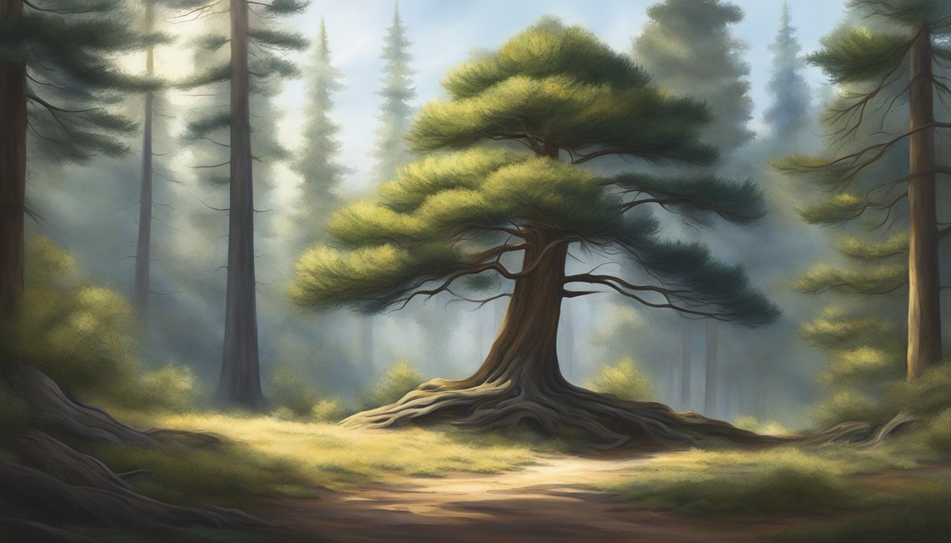 A lone pine tree stands tall in a tranquil forest, surrounded by the stillness of nature. The sunlight filters through the branches, casting dappled shadows on the forest floor