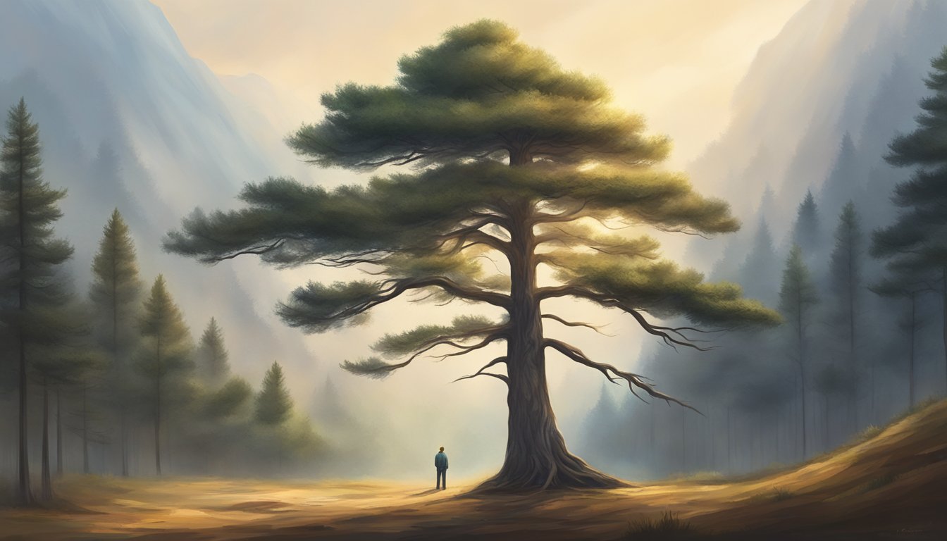 A lone pine tree stands tall in a vast, empty forest, surrounded by stillness and tranquility, capturing the essence of solitude and self-discovery