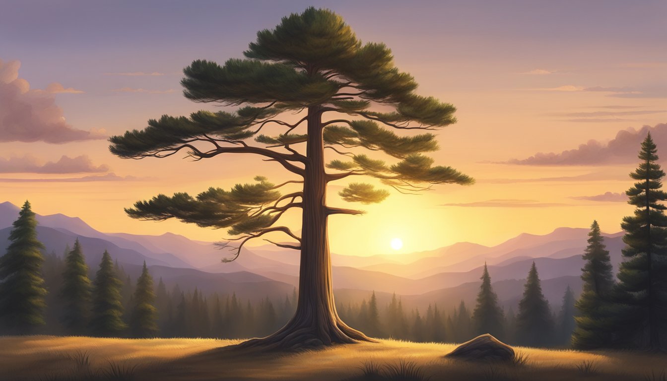 A lone pine tree stands tall in a serene forest, surrounded by the tranquility of nature. The sun sets in the distance, casting a warm glow over the peaceful scene