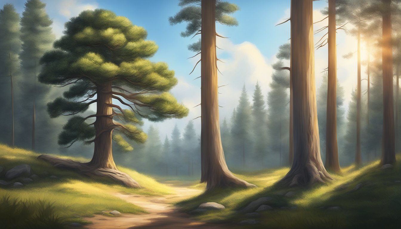 A lone pine tree stands tall in a serene forest clearing, surrounded by dappled sunlight and the quiet sounds of nature