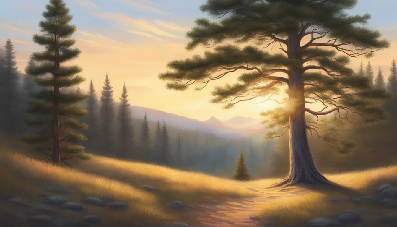 A lone pine tree stands tall in a peaceful forest clearing, bathed in the soft light of the setting sun. The serene atmosphere reflects the theme of solitude and self-discovery