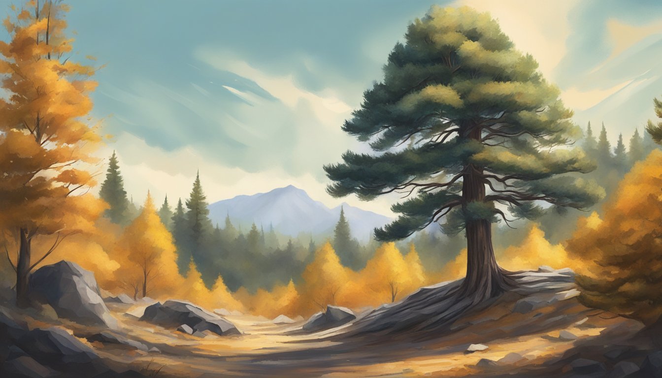 A lone pine tree stands tall in a quiet forest, surrounded by fallen leaves and dappled sunlight, evoking a sense of solitude and self-discovery