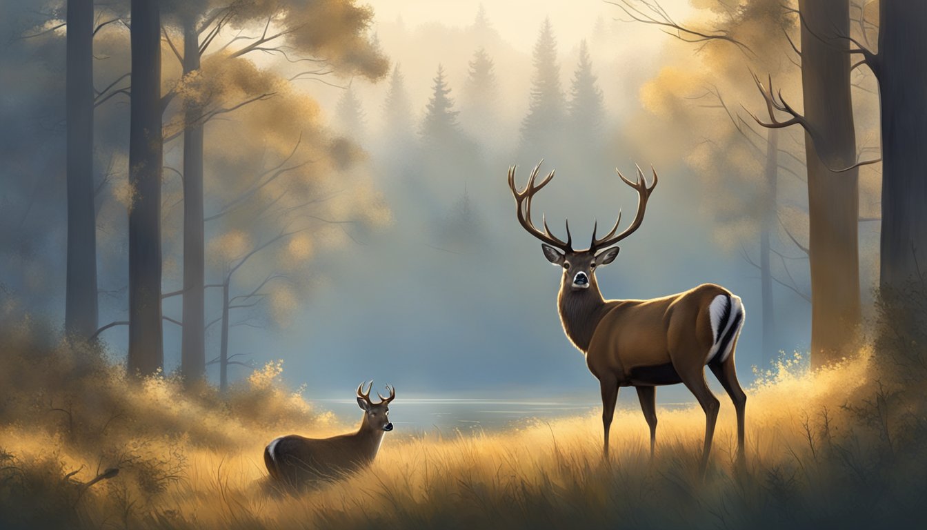 A hunter peacefully observes a deer from a distance, surrounded by the beauty of nature in the early morning light