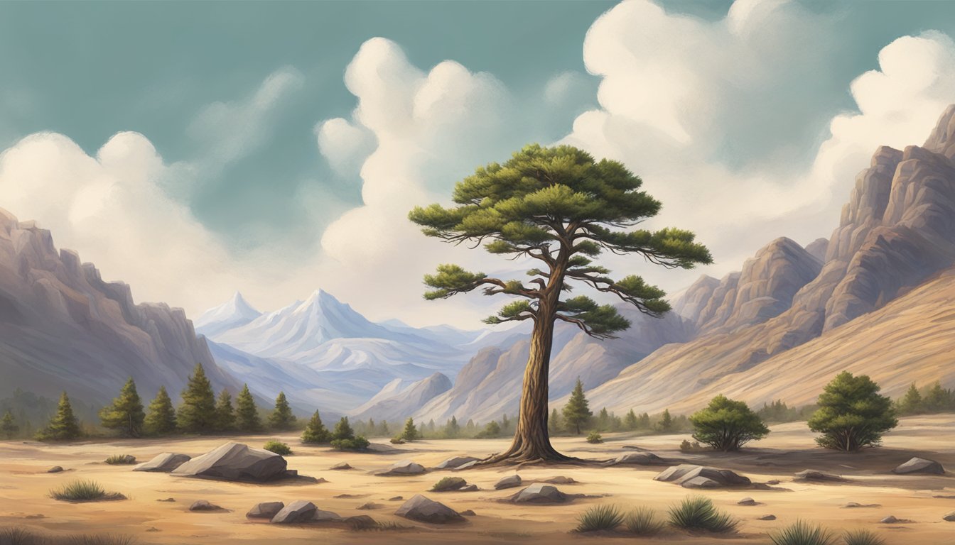 A lone pine tree stands tall and solitary in a vast, untouched wilderness, symbolizing resilience and self-discovery