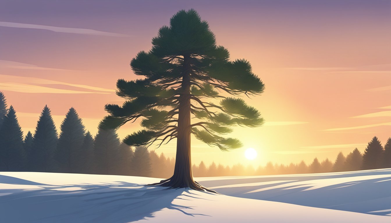 A lone pine tree stands tall in a vast, quiet forest. The sun sets behind it, casting long shadows on the ground