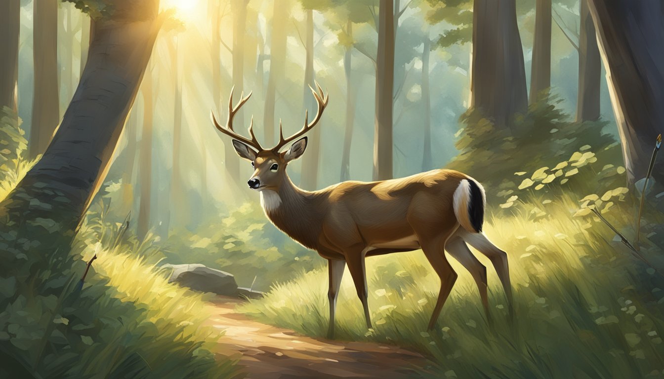 A deer grazing peacefully in a sun-dappled forest, with a hunter's bow and arrow resting against a nearby tree