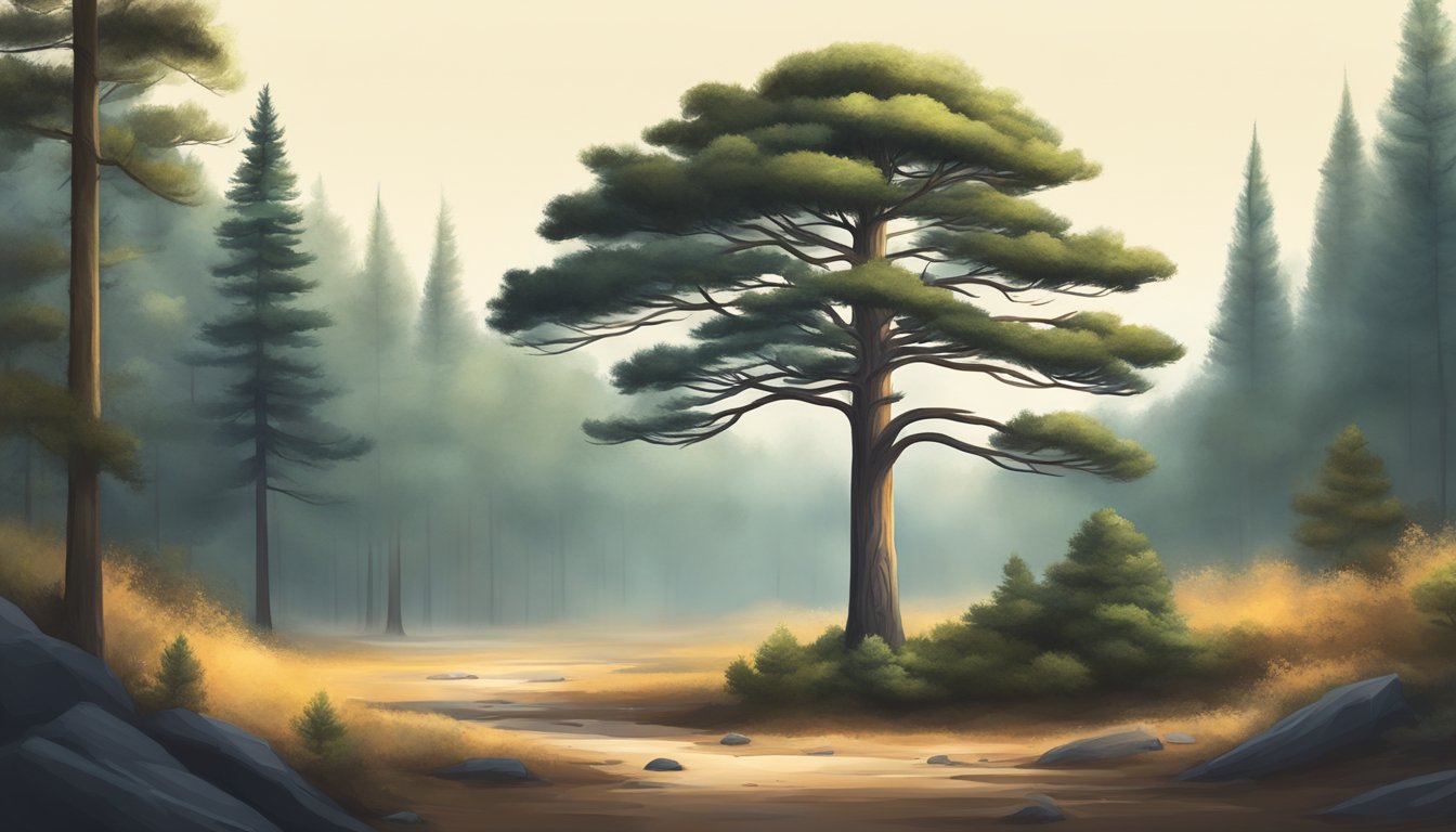 A lone pine tree stands tall in a modern forest, surrounded by the quiet stillness of nature