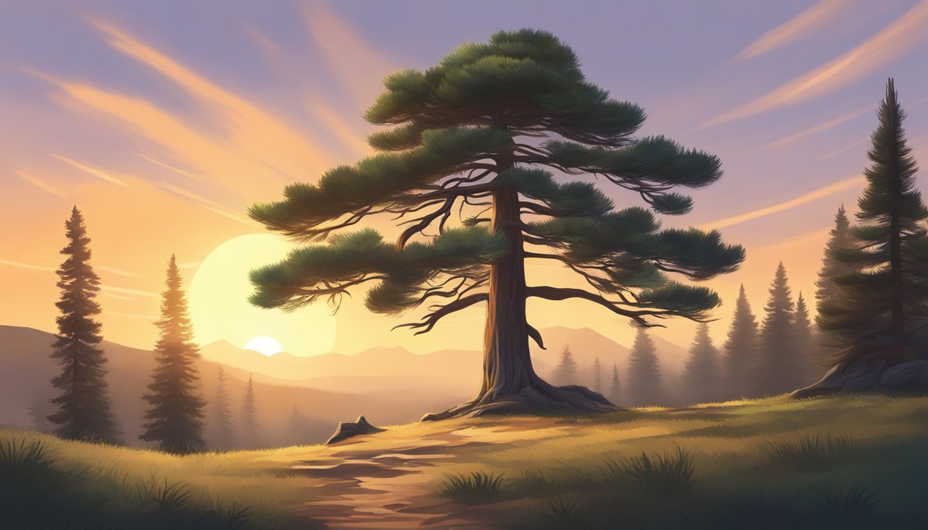 A lone pine tree stands tall in a vast wilderness, surrounded by the quiet stillness of nature. The sun sets behind the tree, casting long shadows across the forest floor