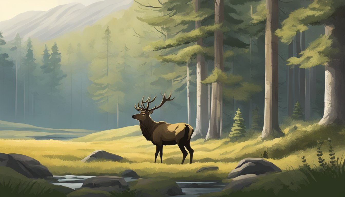 A serene forest clearing, with a majestic stag peacefully grazing as a hunter watches from a distance with admiration and respect