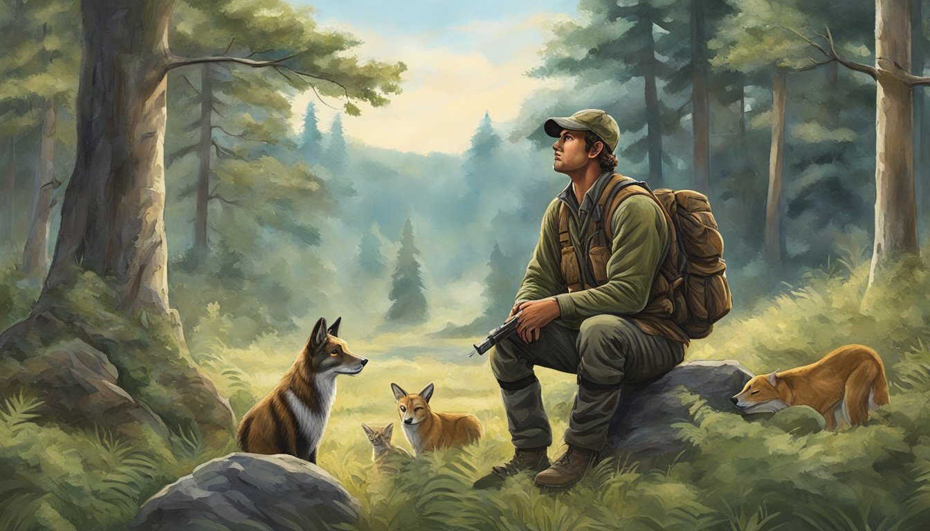 A lone hunter sits in a forest clearing, surrounded by wildlife. A sense of reverence and connection is palpable as the hunter observes the animals with admiration