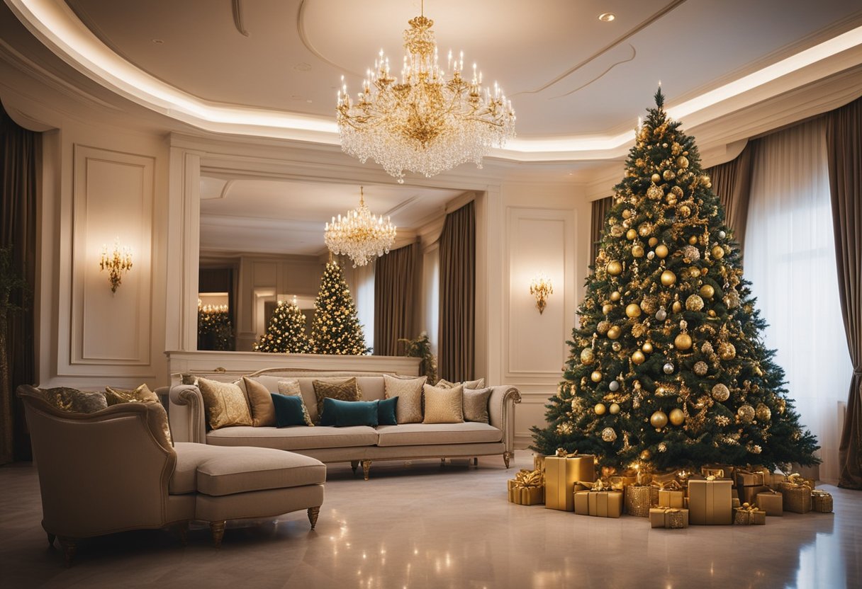 Luxury Christmas home decor ideas that showcase a grand Christmas tree adorned with gold ornaments and twinkling lights stands in a lavish living room, surrounded by elegant wreaths and garlands