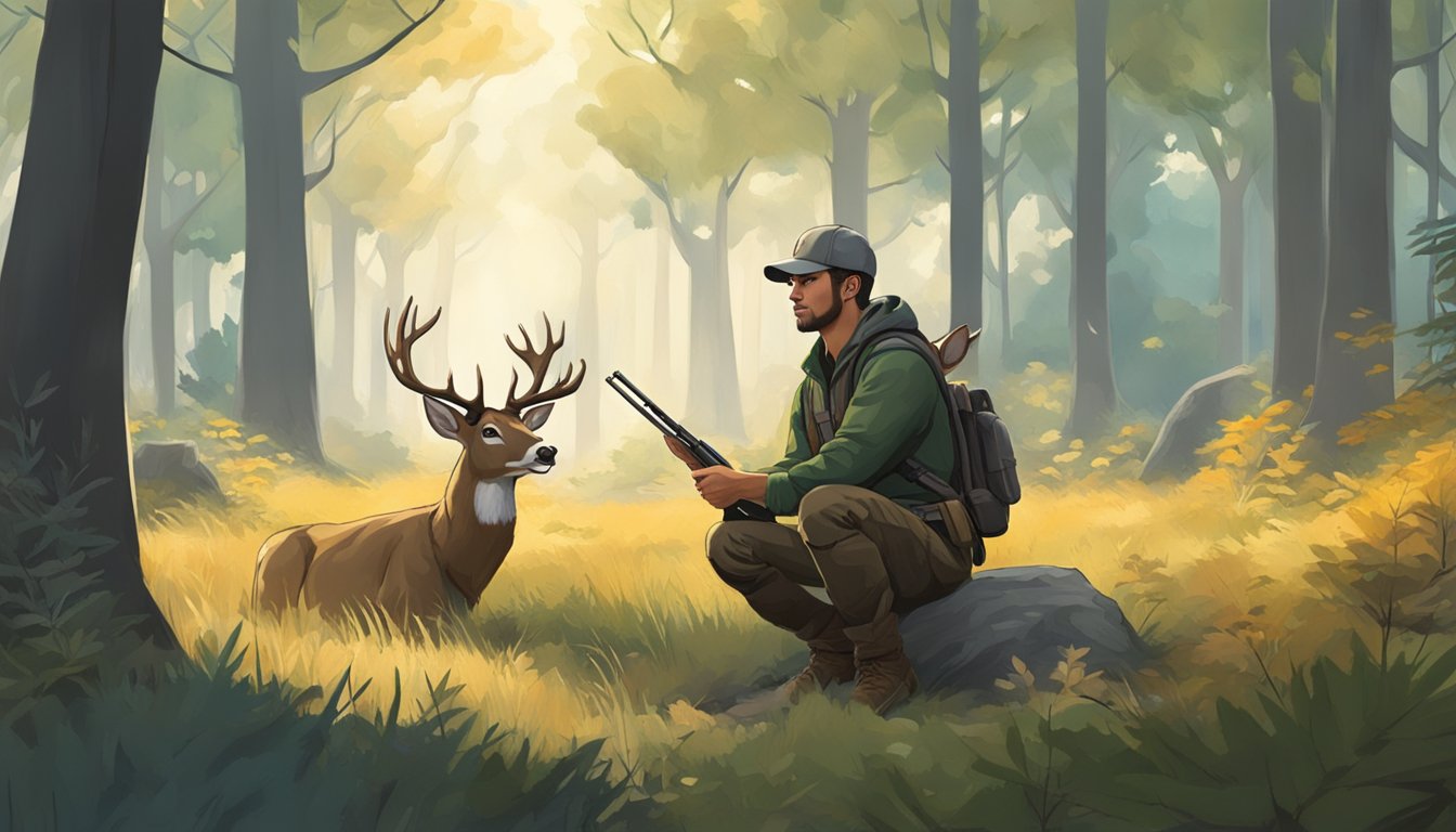 A hunter kneels in a forest clearing, surrounded by wildlife. A deer grazes peacefully nearby as birds flutter in the trees