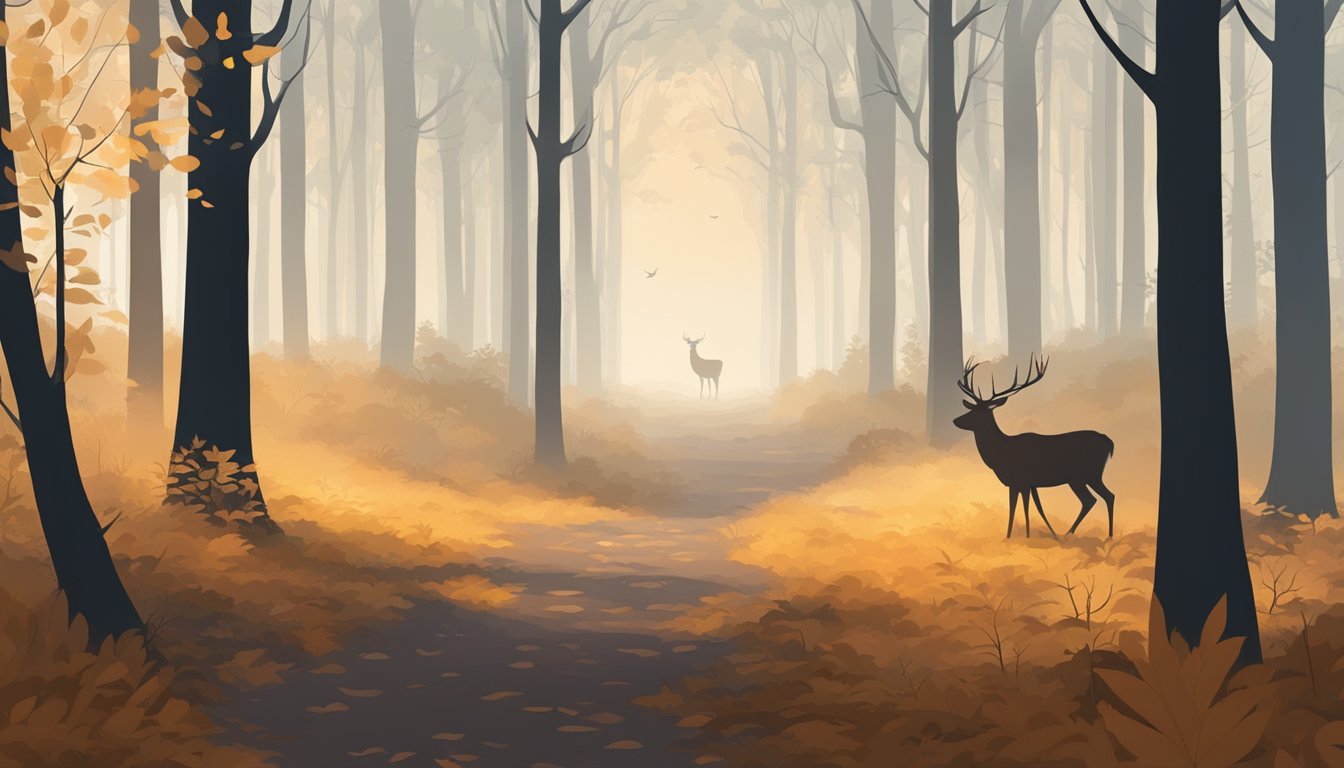 A misty forest clearing at dawn, with deer tracks leading to a hidden grove. Fallen leaves and a distant deer silhouette