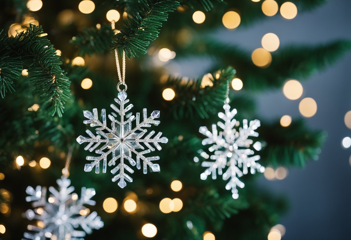 A grand Christmas tree adorned with crystal snowflake ornaments