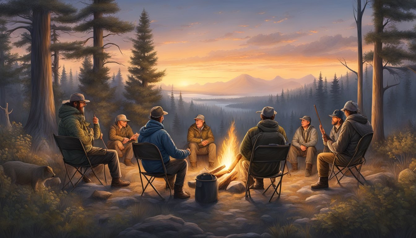 A group of hunters and wildlife enthusiasts gather around a campfire, sharing stories and experiences while surrounded by the beauty of the natural world