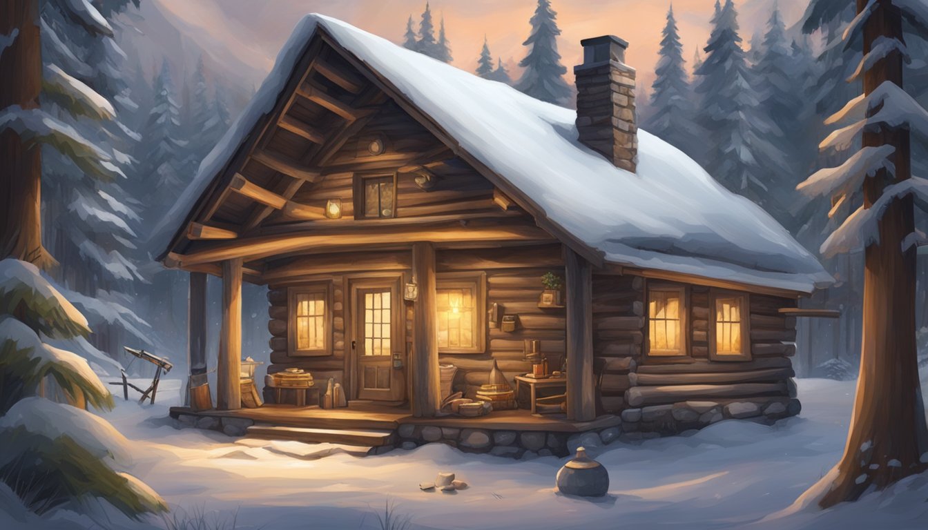 A rustic cabin nestled in a snowy forest, surrounded by hunting gear and trophies, with a warm fire crackling in the hearth