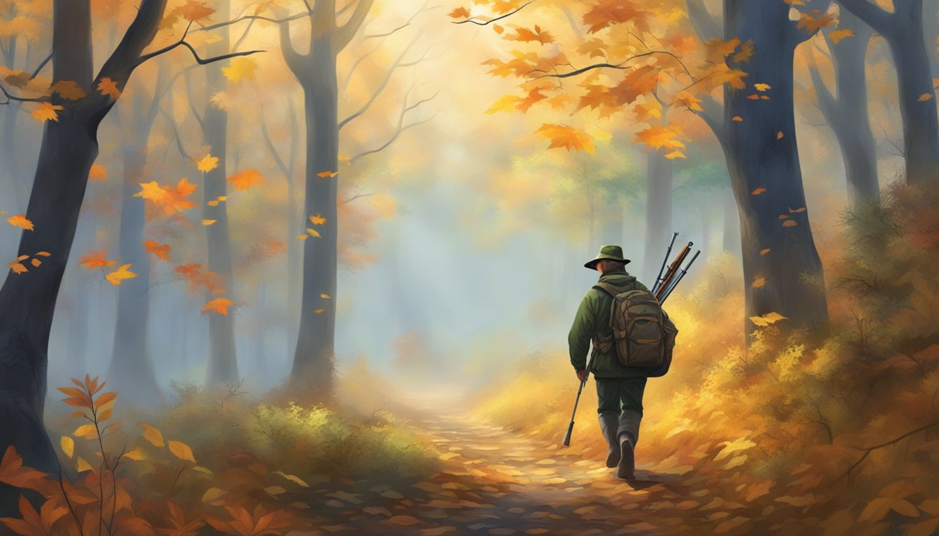 A hunter silently tracks through a misty forest, surrounded by the vibrant colors of changing leaves and the faint echoes of past successful hunts