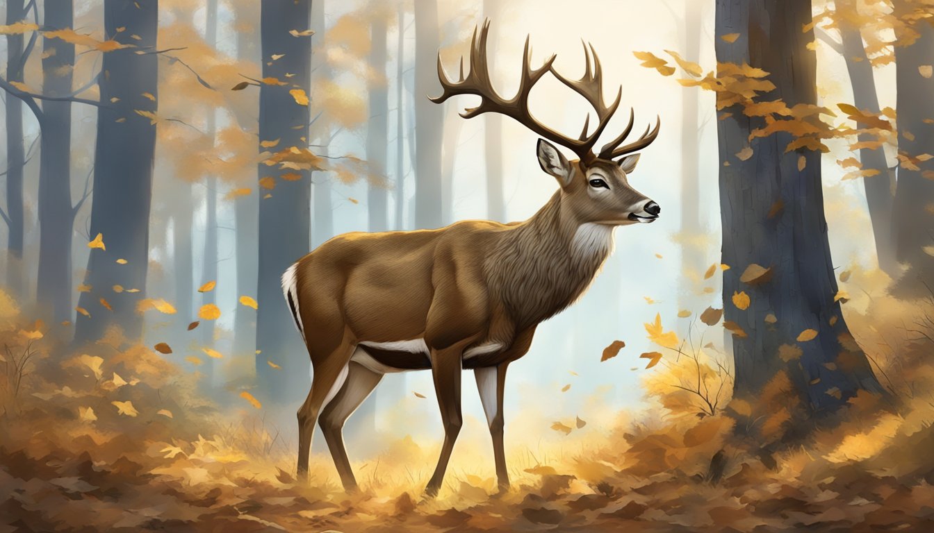 A majestic deer grazing in a sunlit forest clearing, surrounded by fallen leaves and the remnants of past hunting seasons