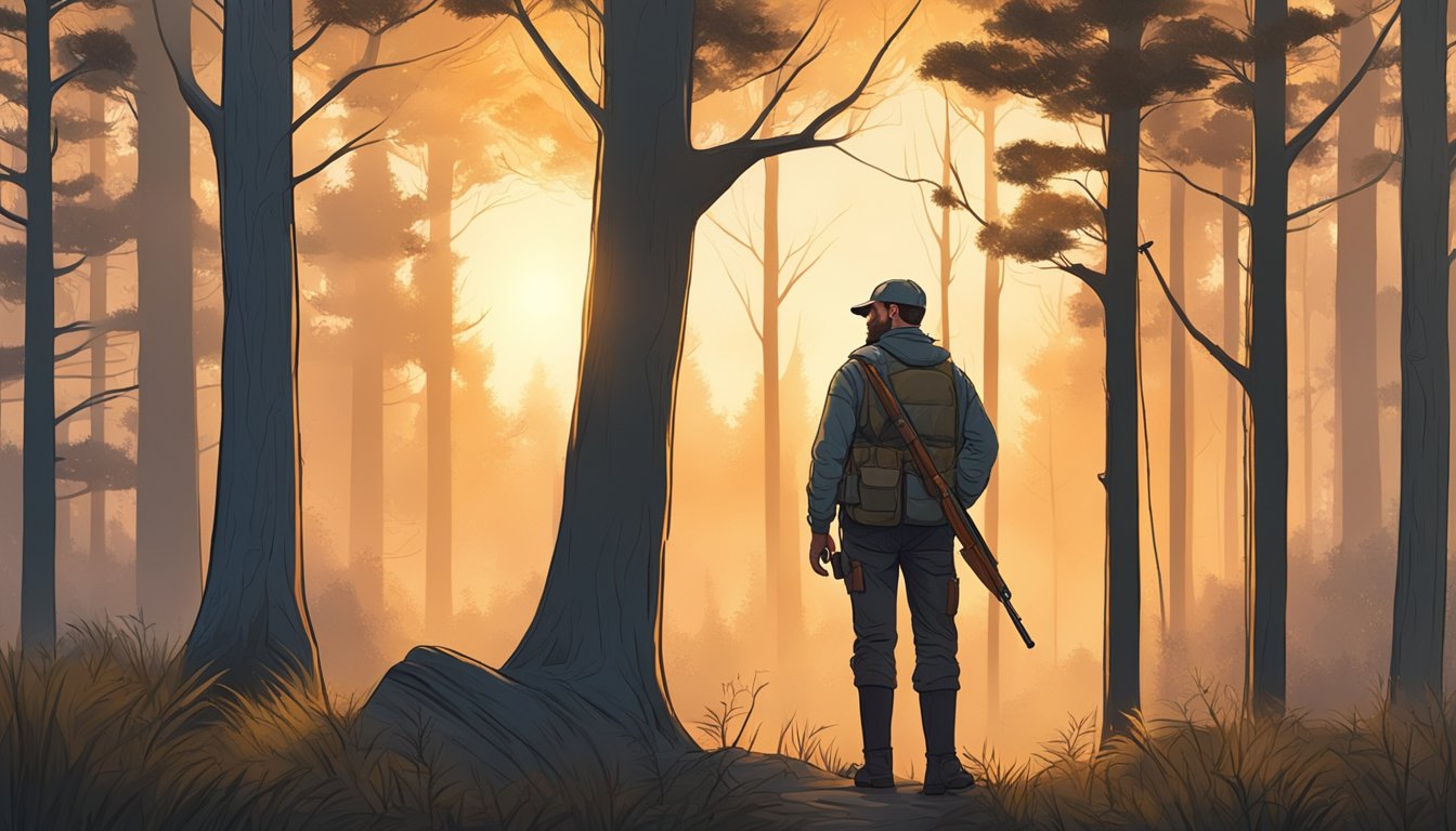 A hunter standing in a forest clearing at dusk, surrounded by towering trees and the soft glow of the setting sun filtering through the branches