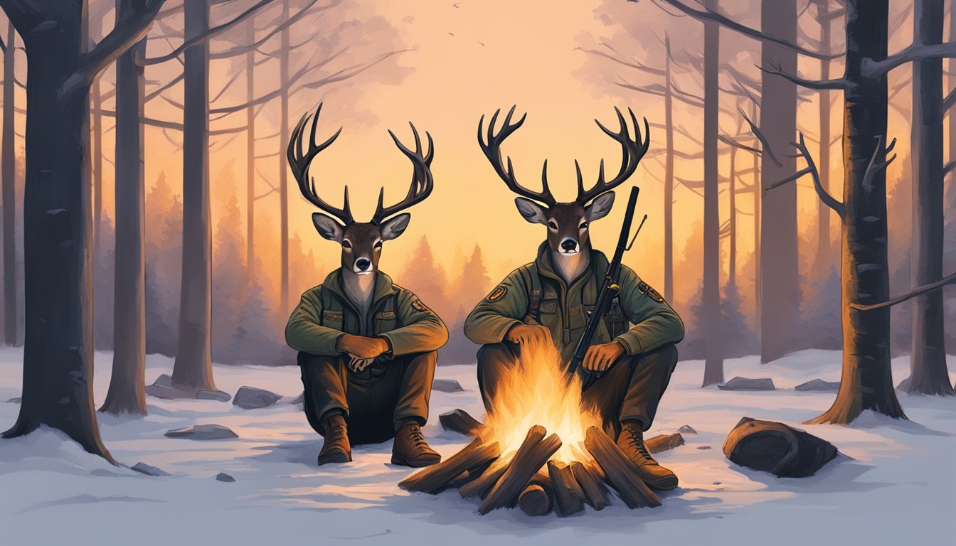 A lone deer hunter sits by a campfire, surrounded by the fading light of the forest. Memories of past hunts fill the air as the hunter reflects on seasons gone by