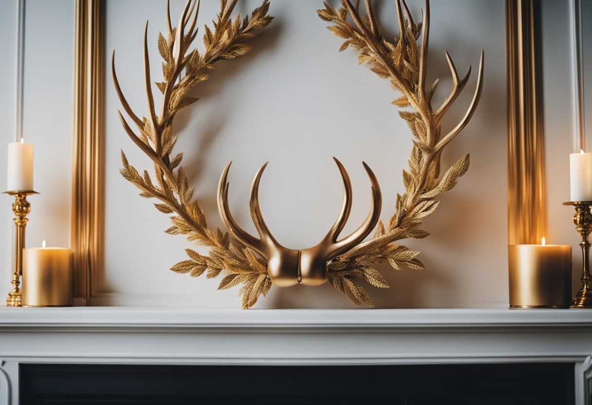 A grand antler and gold wreath adorns a lavish fireplace mantle