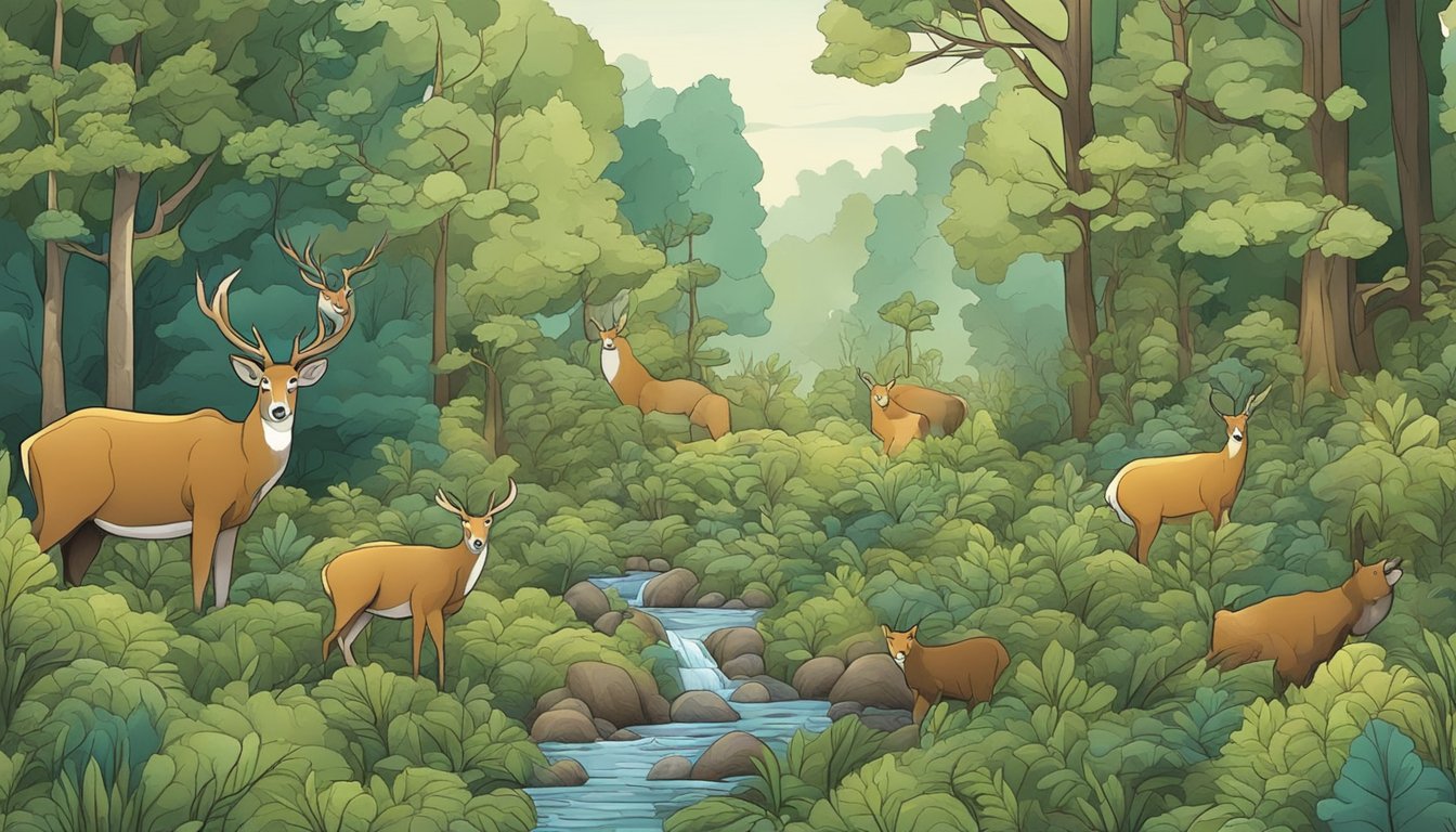 A forest scene with animals blending into their surroundings using natural camouflage techniques