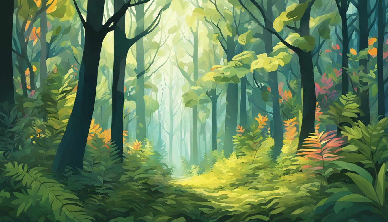 A dense forest with vibrant foliage and intricate patterns of light and shadow, concealing a hidden figure in camouflage