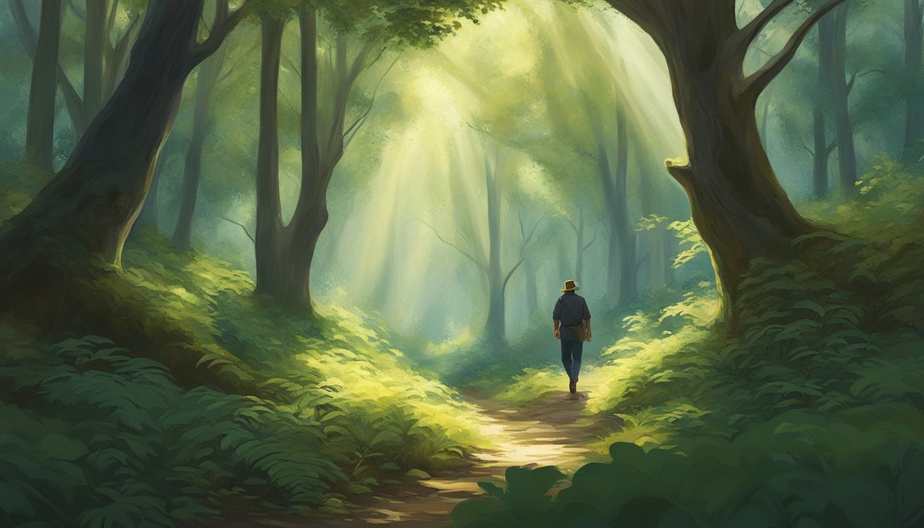 A lone figure navigates a dense forest, surrounded by towering trees and tangled underbrush. The dappled sunlight filters through the leaves, casting a mysterious and enchanting glow over the scene