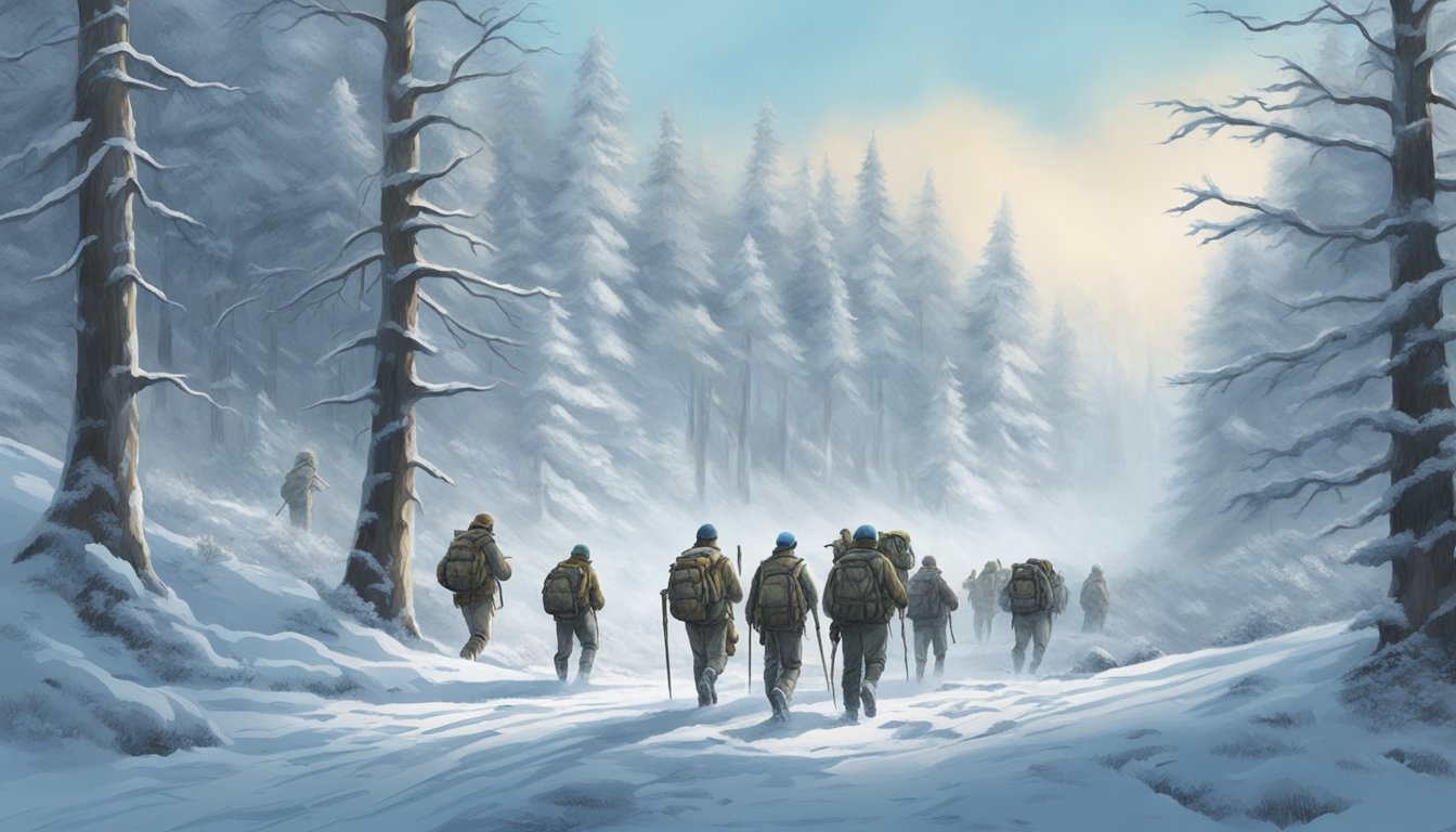 A group of hunters trek through a snowy forest, their breath visible in the cold air. The trees are frosted over, and the sky is a pale blue