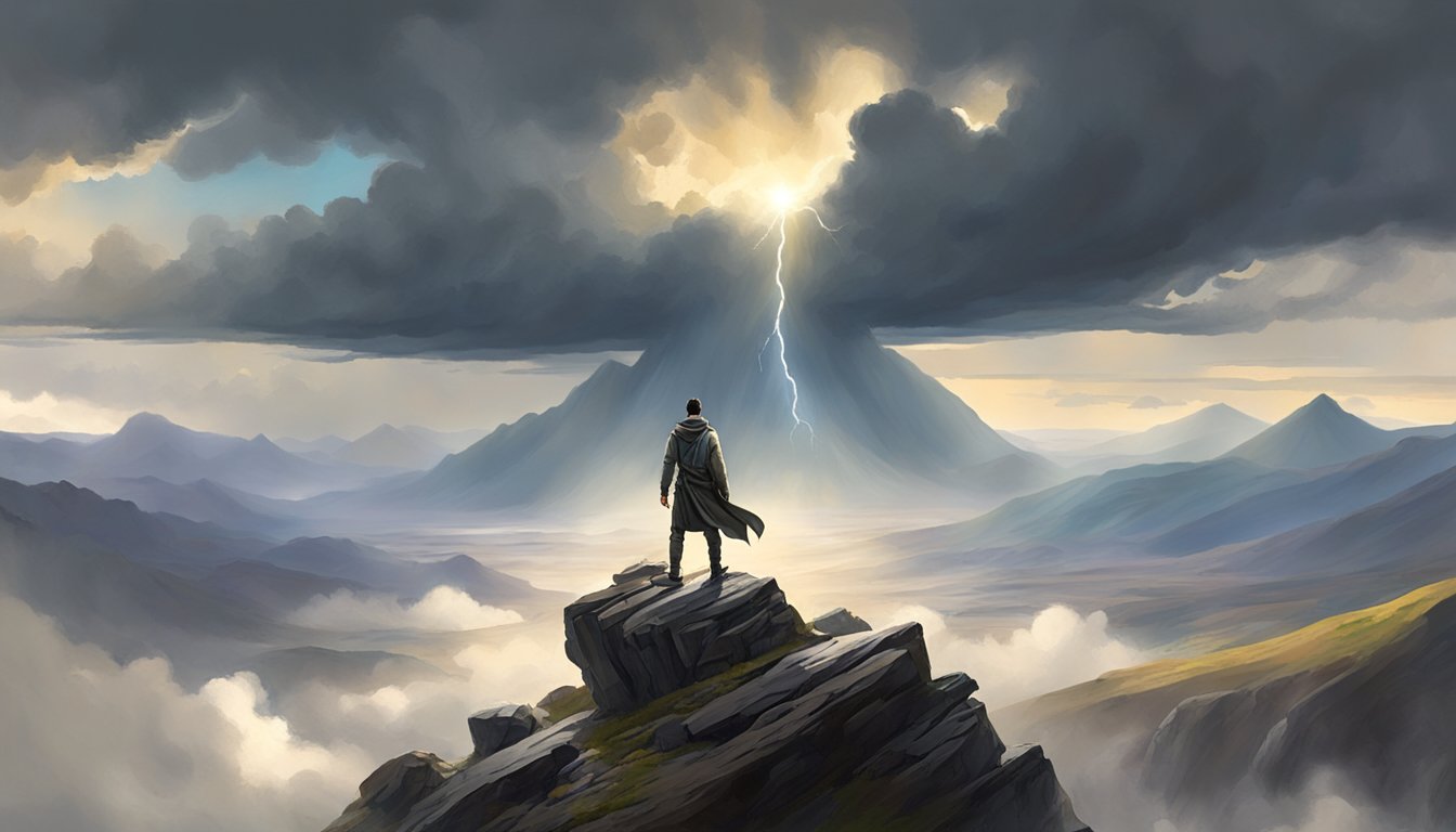 A lone figure stands atop a mountain peak, surrounded by a rugged landscape. Storm clouds loom overhead, but a ray of sunlight breaks through, illuminating the figure in a moment of triumph