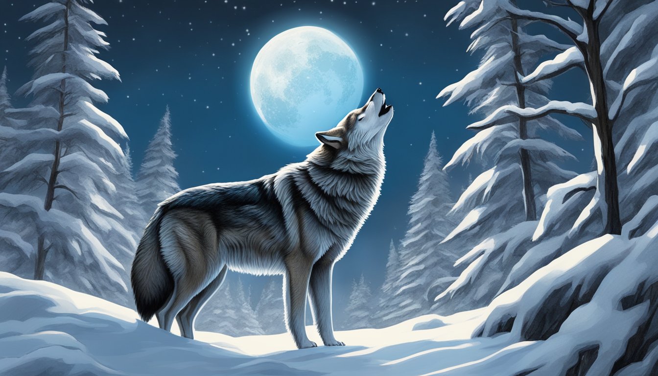 A lone wolf howling under a full moon, surrounded by icy trees and snow-covered ground