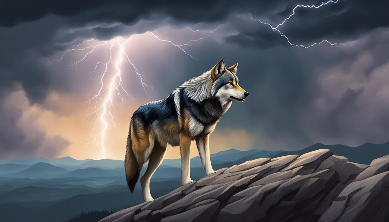 A lone wolf standing on a rocky cliff, facing a stormy sky with lightning striking in the distance