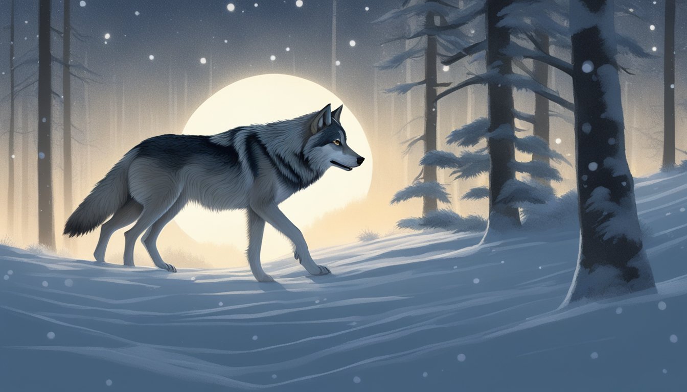 A lone wolf prowls through a snowy forest, its breath visible in the cold air. The moon casts a soft glow on the frost-covered trees, creating a serene and haunting atmosphere