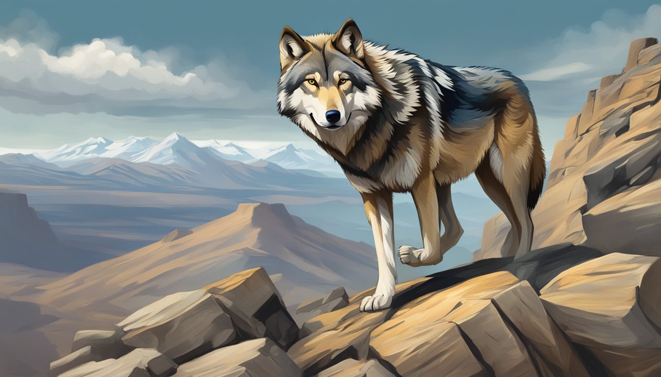 A lone wolf traversing a rugged landscape, overcoming obstacles and emerging stronger, symbolizing the transformative power of adversity