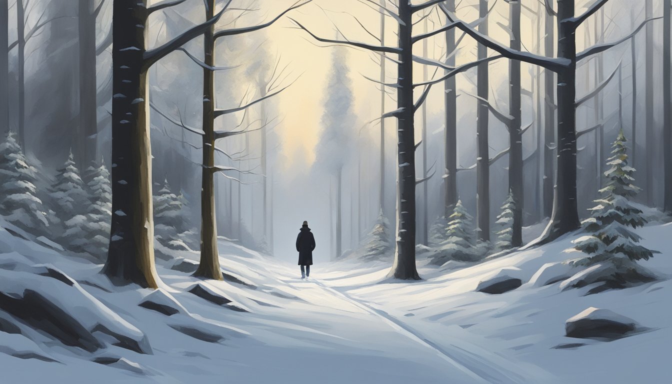 A lone figure treks through a snowy forest, surrounded by towering trees and the hushed stillness of winter. The crisp air holds the promise of discovery and revelation