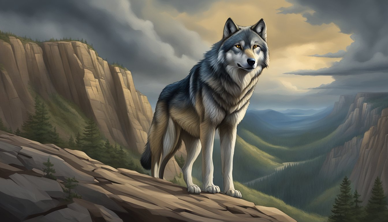 A lone wolf traverses a rugged landscape, facing steep cliffs and stormy skies, symbolizing the transformative journey through adversity