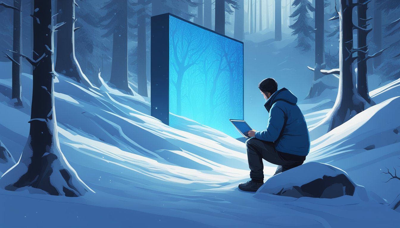 A figure hunched over a glowing screen in a snow-covered forest, surrounded by the eerie blue light of technology. A sense of isolation and discovery