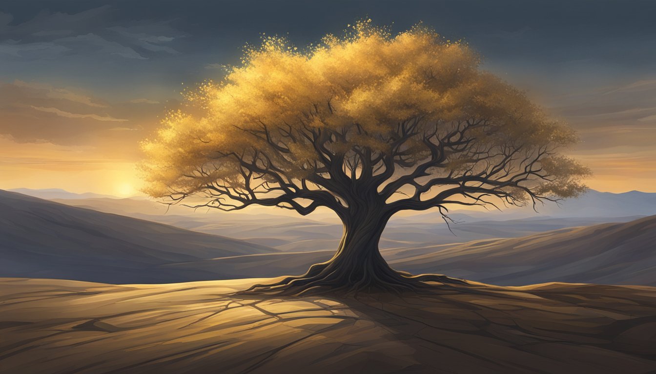 A lone tree stands tall amidst a barren landscape, its branches reaching out to connect with other trees in the distance. The sky is dark, but the tree's leaves glow with a golden light